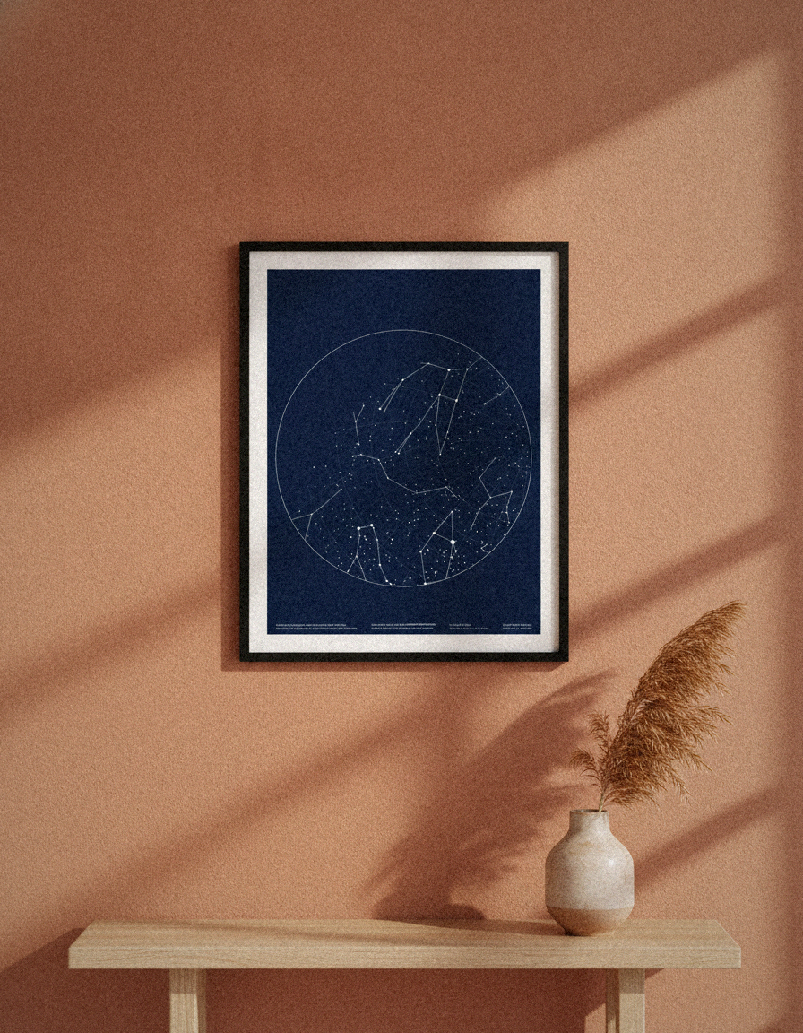 Framed star map print on a warm terracotta wall