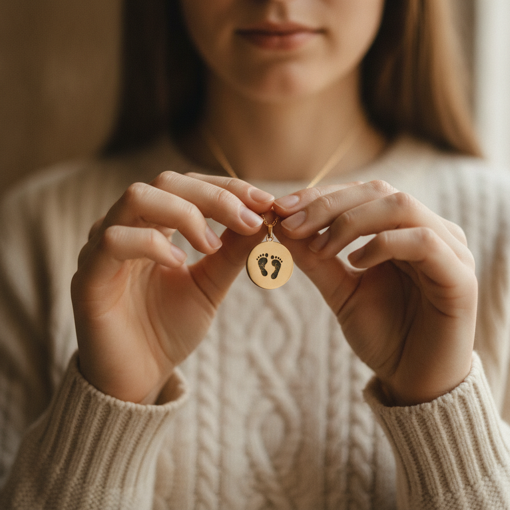 Mother holding a gold footprint pendant necklace at her chest