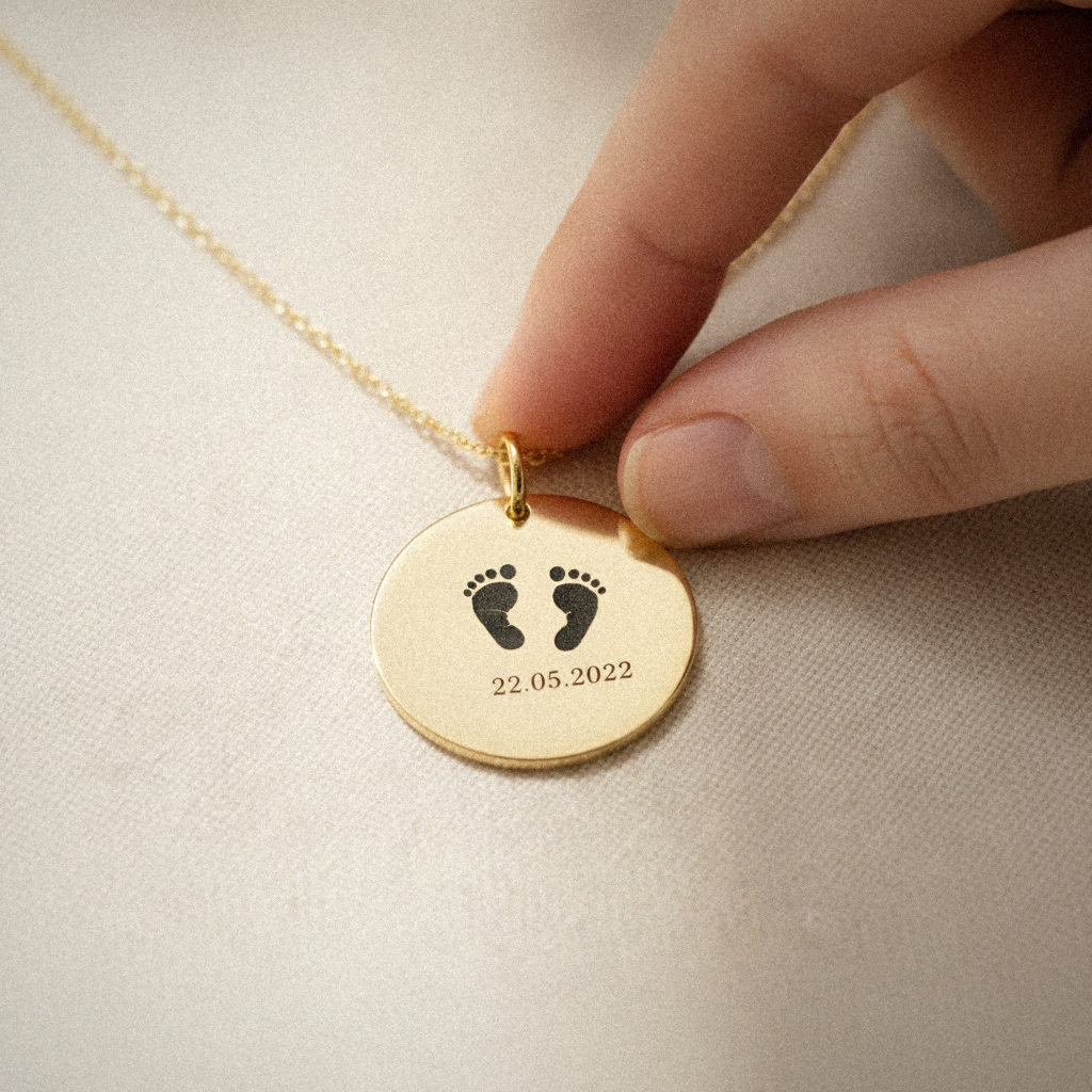 Personalised baby footprint pendant necklace with date on cream linen